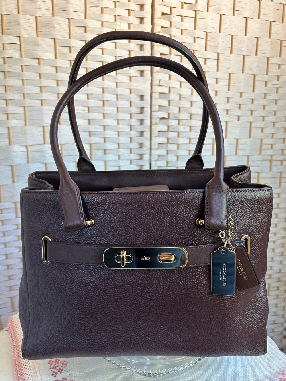 COACH Swagger Carryall 36488 OXBLOOD Pebble Leather Satchel Purse Bag Tote
